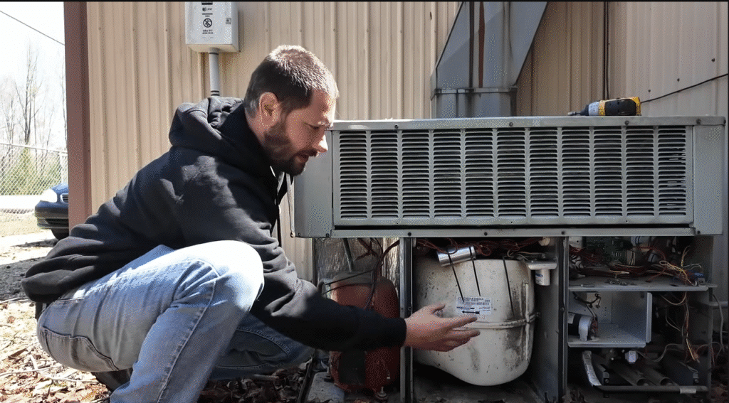 Air conditioner maintenance technician cleaning outdoor unit.